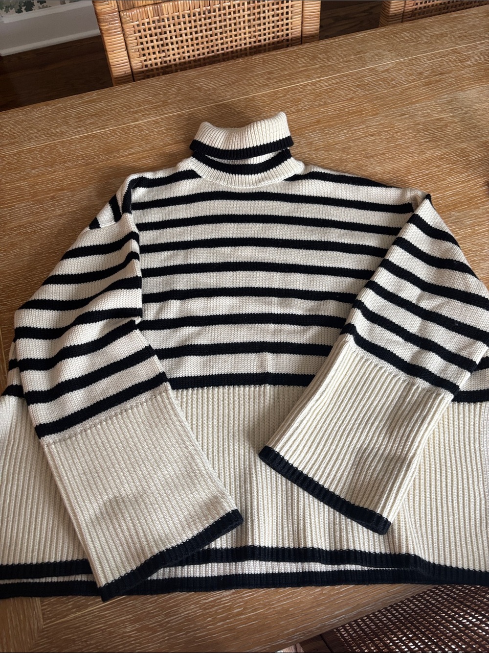 Toteme Cream and Black Striped Turtleneck Sweater